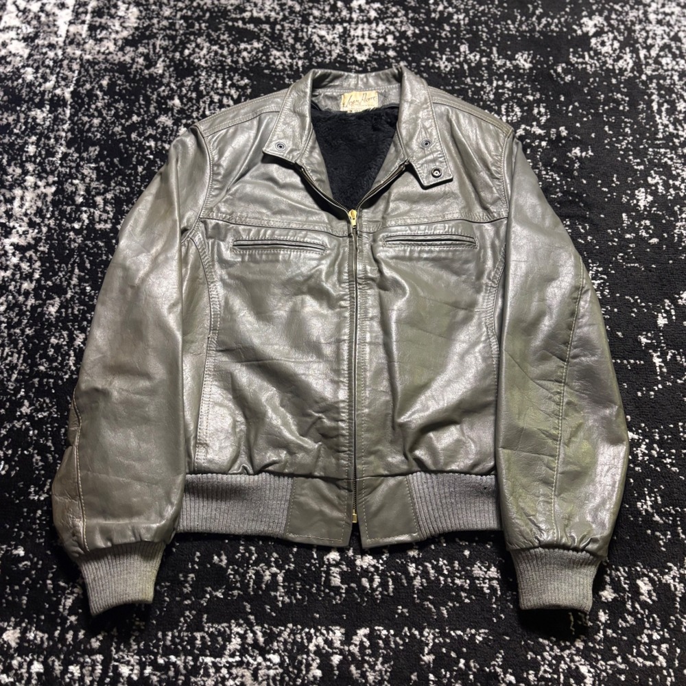 Jean Pierre Vintage Leather Bomber Jacket Grey Green Mens 40R Argentina Made
